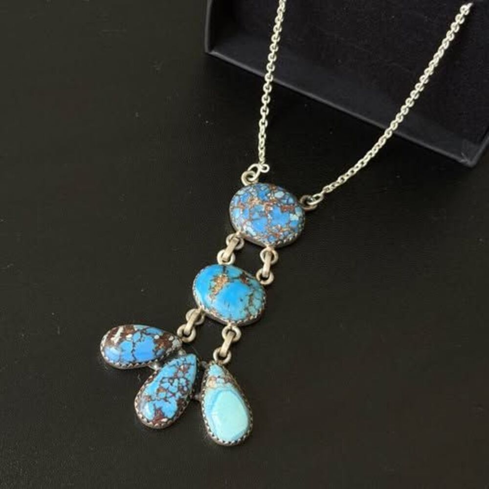 Sterling Silver Multi-Stone Turquoise Drop Necklace — 22”